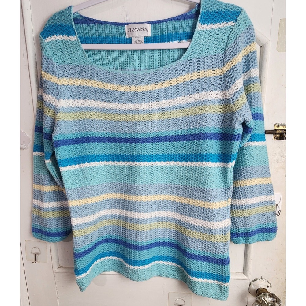 Chadwick's Striped Open Knit Sweater Sz M Blue Green Yellow Ramie Blend